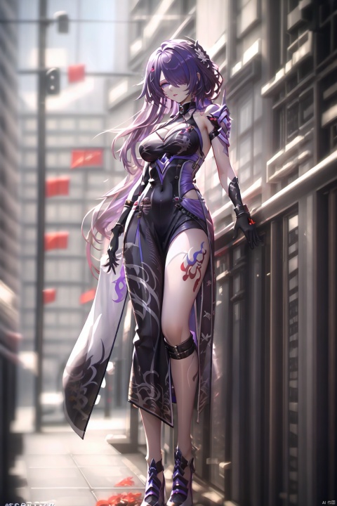  masterpiece,source_anime,8k,best quality,masterpiece,(ultra-detailed),(high detailed skin),(full body),standing,looking at viewer,(solo), tyqp,hquan,1girl,long hair,purple eyes,shorts,purple hair,hair over one eye,breasts,blackgloves,tattoo,china dress,high heels
