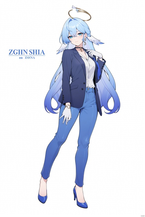 masterpiece, best quality,1girl, zgn, halo,blue eyes,blue eyes, gloves,blue hair, solo, long hair, gradient hair, bangs, looking at viewer, character name,drawstring, contemporary, choker, hair ornament, full body, standing,  jewelry, very long hair, english text, colored tips, suit,suit jacket,pants,Suit pants