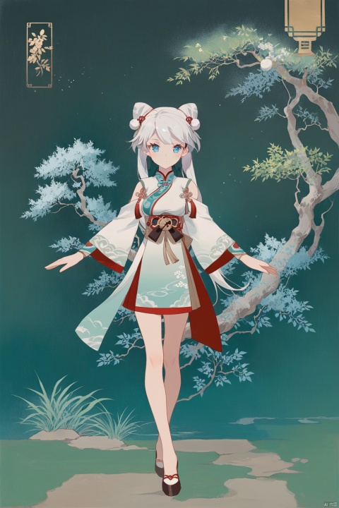  line art,line style,as style,best quality,masterpiece,
 The image features a Q version of cute cartoon girl wearing ancient costume, simple pattern, full body portrait, standing pose, legs straight, hands on both sides, minimalist painter style, ancient Chinese style, vector illustration, clean background
kiana kaslana, xuetu, 10th clothes, 1girl, blue eyes,white hair, bangs, long hair,double bun,