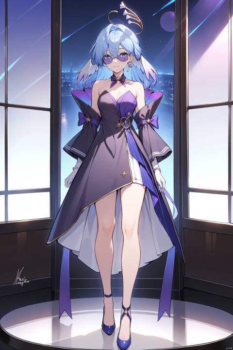 masterpiece, best quality, ,head wings,1girl, solo,  earrings, jewelry, smile, mask, hat, blue eyes, looking at viewer, bow,  blue hair, purple bow, ;), full body,  long sleeves, coat,  window,  sunglasses, virtual youtuber, bangs, bowtie, medium hair, signature,   hair between eyes, closed mouth, mouth mask,Brown beret,suit,suit jacket,pants