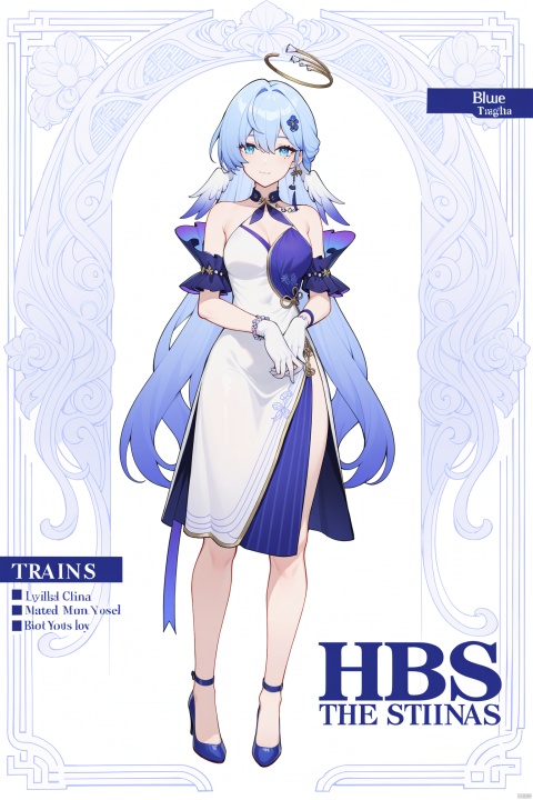 masterpiece, best quality,1girl, zgn, halo,blue eyes,blue eyes, gloves,blue hair, solo, long hair, gradient hair,bangs, looking at viewer, character name,drawstring, contemporary, choker, hair ornament, full body, standing, jewelry, very long hair, english text, colored tips, china dress, qipao,high heels, 