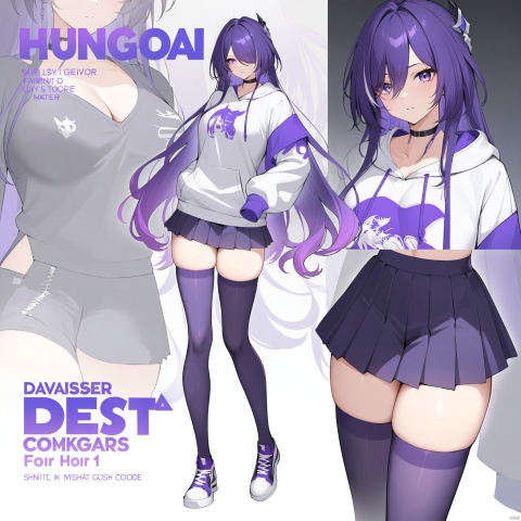 masterpiece, best quality,1girl, huangquan,  purple eyes, purple hair, hair over one eye, thighhighs, breasts,  skirt, thighhighs, solo, long hair, white hoodie, hoodie,  shoes, hood, zoom layer,  gradient hair, alternate costume, pleated skirt, bangs, looking at viewer, purpleskirt, character name, long sleeves, sneakers, drawstring, contemporary, choker, hair ornament, full body, hair between eyes, sleeves past wrists, standing, purple thighhighs,  black choker, sleeves past fingers, jewelry, hood down, very long hair, english text, colored tips, miniskirt
