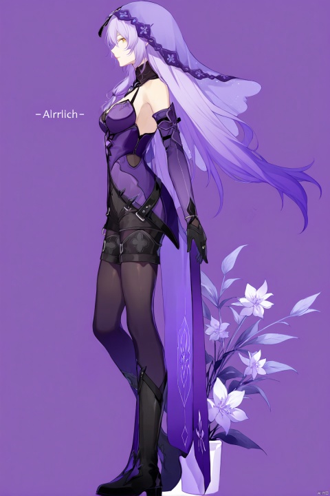  Revised sentence: "A solo girl . She has parted lips and is looking at the viewer from the side profile while standing against a simple purple background with a purple flower. Her upper body, which has English text on it. Additionally, she has bangs and another hair flower." hte,1girl,long hair,boots,purple hair,black gloves,veil,cleavage,pantyhose,large breasts,shorts,yellow eyes,