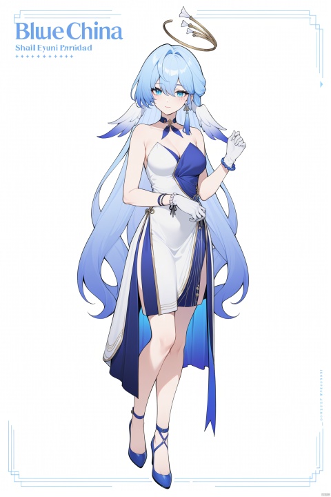 masterpiece, best quality,1girl, zgn, halo,blue eyes,blue eyes, gloves,blue hair, solo, long hair, gradient hair, bangs, looking at viewer, character name,drawstring, contemporary, choker, hair ornament, full body, standing,  jewelry, very long hair, english text, colored tips, china dress
