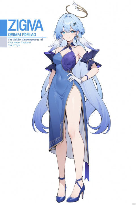 masterpiece, best quality,1girl, zgn, halo,blue eyes,blue eyes, gloves,blue hair, solo, long hair, gradient hair,hand on hip, bangs, looking at viewer, character name,drawstring, contemporary, choker, hair ornament, full body, standing, jewelry, very long hair, english text, colored tips, china dress, qipao,high heels