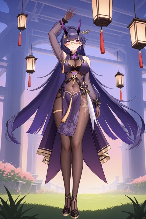 1st clothes, chunlan, chinese clothes, purple horns, 1girl, raiden mei, purple eyes, long hair, purple gloves, bangs, purple hair, glasses, high heels, hair ornament, earrings, china dress,pantyhose,//BREAK,
1girl,   solo, breasts,smile, thighhighs, bangs,  arm up, looking at viewer,  closed mouth, blush,  standing,   field, see-through, large breasts, ribbon, medium breasts,Chinese architecture,footstep,lantern, //BREAK, fine fabric emphasis, maximalism, best quality, amazing quality, very aesthetic, absurdres, best quality, amazing quality, very aesthetic, absurdres, Highly detailed, best quality, masterpiece,
de,[artist:ask_(askzy)],artist:wanke, artist:wlop,maximalism,illustration,