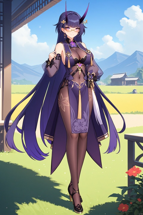  1st clothes, chunlan, chinese clothes, purple horns, 1girl, raiden mei, purple eyes, long hair, purple gloves, bangs, purple hair, glasses, high heels, hair ornament, earrings, china dress,pantyhose,//BREAK,
1girl,   solo, breasts,smile, thighhighs, bangs,   looking at viewer,  closed mouth, blush,  standing,   field, see-through, large breasts, ribbon, medium breasts,Chinese architecture,footstep,//BREAK, fine fabric emphasis, maximalism, best quality, amazing quality, very aesthetic, absurdres, best quality, amazing quality, very aesthetic, absurdres, Highly detailed, best quality, masterpiece,
de,[artist:ask_(askzy)],artist:wanke, artist:wlop,maximalism,illustration,