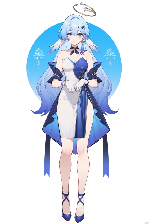  masterpiece, best quality,1girl, zgn, halo,blue eyes,blue eyes, gloves,blue hair, solo, long hair, gradient hair, bangs, looking at viewer, character name,drawstring, contemporary, choker, hair ornament, full body, standing, jewelry, very long hair, english text, colored tips, china dress