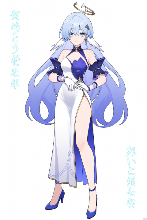 masterpiece, best quality,1girl, zgn, halo,blue eyes,blue eyes, gloves,blue hair, solo, long hair, gradient hair,bangs, looking at viewer, character name,drawstring, contemporary, choker, hair ornament, full body, standing, jewelry, very long hair, english text, colored tips, china dress, qipao,high heels,white dress