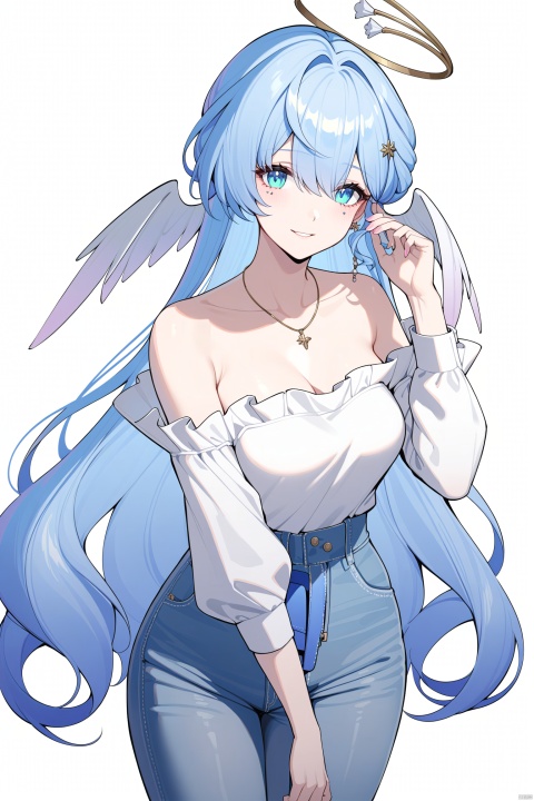  masterpiece, best quality, ,zgn,1girl, solo, skirt, long hair, shirt, halo, blue hair, bag, Jeans, off-shoulder shirt, white background, off shoulder, jewelry, holding bag, holding, white shirt, necklace, breasts, long sleeves, looking at viewer,  blue eyes, bare shoulders, bangs, blush, simple background, shadow, handbag, standing, frilled shirt, collarbone, shirt tucked in, virtual youtuber, wings, feet out of frame, parted lips, hand up, hair ornament, smile, very long hair, frills, alternate costume, mostima (arknights), puffy long sleeves, head wings, closed mouth, aqua eyes
