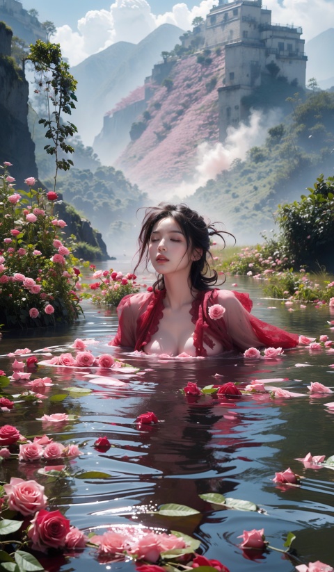  Absurdity, realistic rendering, (masterpiece, best quality), flowers, solo, water, roses, realistic, with eyes closed, blurry, partially submerged, 1 girl, floating, ripple, red flowers, petals, pink flowers, black hair, top-down, (8k, best quality, ultra-high resolution, masterpiece: 1.2),

, 1girl
