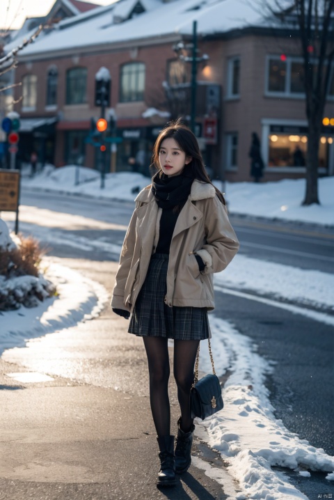  1girl,long hair, Winter clothing, college style,plaid skirt,full body,thick coat, cotton-padded jacket, plaid scarf, on the way home, snow, snow,outdoor,Master lens, golden ratio composition, (Canon 200mm f2.8L) shooting, large aperture, background blur., chinese woman,sunlight., plns, 1 girl