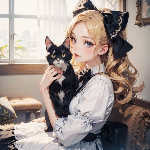  1 girl,wavy hair,blonde hair,face portrait,holding a cat,Lolita outfit,lace cake skirt,skirt with Little Pattern,bowknot,