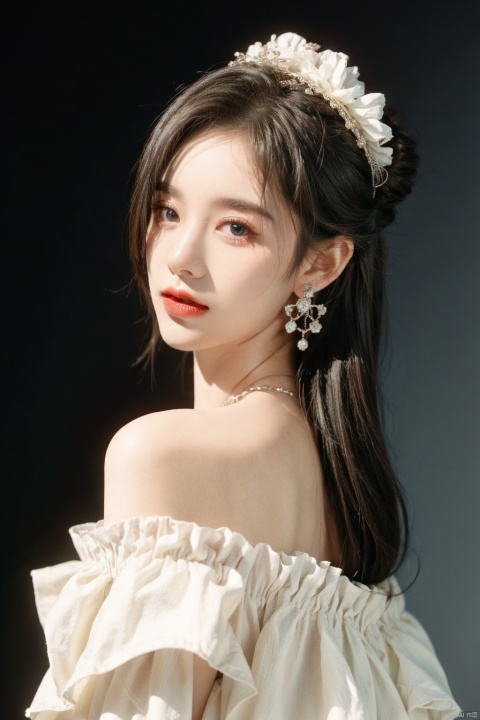  1girl, solo, looking at viewer, short hair, blue eyes, blonde hair, hair ornament, dress, bare shoulders, jewelry, closed mouth, upper body, flower, earrings, hair flower, necklace, off shoulder, white dress, lips, white flower, gem, red lips, jujingyi