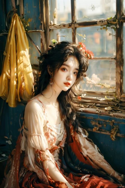  sdmai, hongchen, 1girl, solo, black hair, realistic, red dress, breasts, looking at viewer, earrings, jewelry, dress, cleavage, sitting, red lips, long hair, windowsill