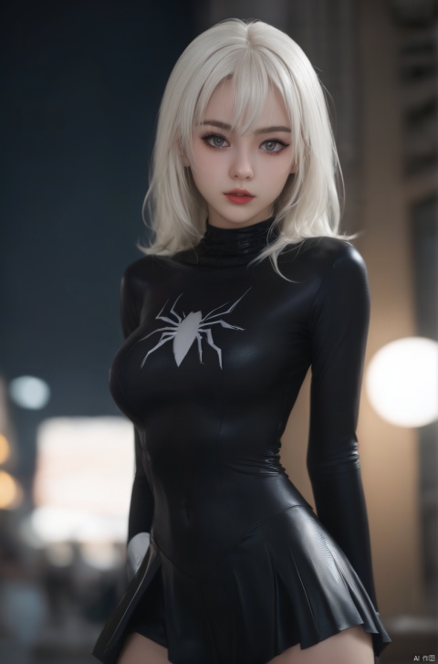 Black Cat Girl in Spider-Man uniform,strap gap, tail, pleated skirt,large breasts, 8k, hubg_beauty_girl,1 girl