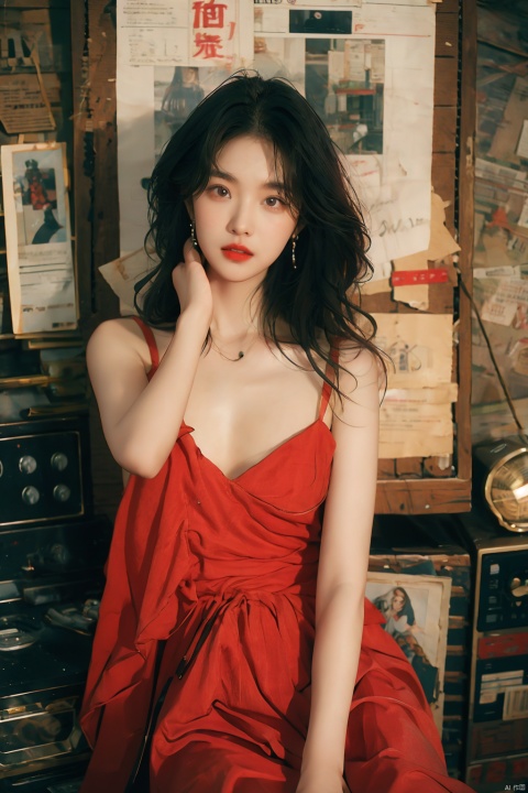  sdmai, hongchen, 1girl, solo, black hair, realistic, red dress, breasts, looking at viewer, earrings, jewelry, dress, cleavage, sitting, red lips, long hair, WANSHENG, senlin
