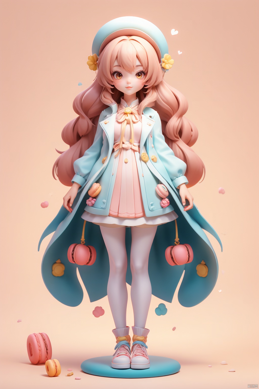 1 girl, (Q version :1.2), long hair, IP, blush, wearing a macaron colored coat, white background, pantyhose, WZRYxishiYLQY