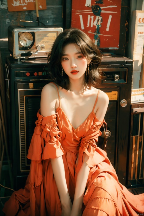  sdmai, hongchen, 1girl, solo, black hair, realistic, white dress, breasts, looking at viewer, earrings, jewelry, dress, cleavage, sitting, red lips, long hair, WANSHENG, senlin, WuLight