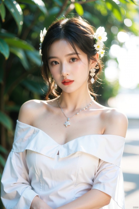  1girl, solo, looking at viewer, short hair, blue eyes, long hair,blonde hair, hair ornament, dress, large breasts, bare shoulders, jewelry, closed mouth, upper body, flower, earrings, hair flower, necklace, off shoulder, white dress, lips, white flower, gem, red lips,liuyifei