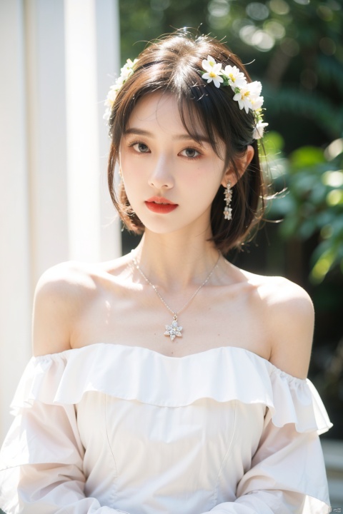  1girl, solo, looking at viewer, short hair, blue eyes, blonde hair, hair ornament, dress, bare shoulders, jewelry, closed mouth, upper body, flower, earrings, hair flower, necklace, off shoulder, white dress, lips, white flower, gem, red lips, jujingyi