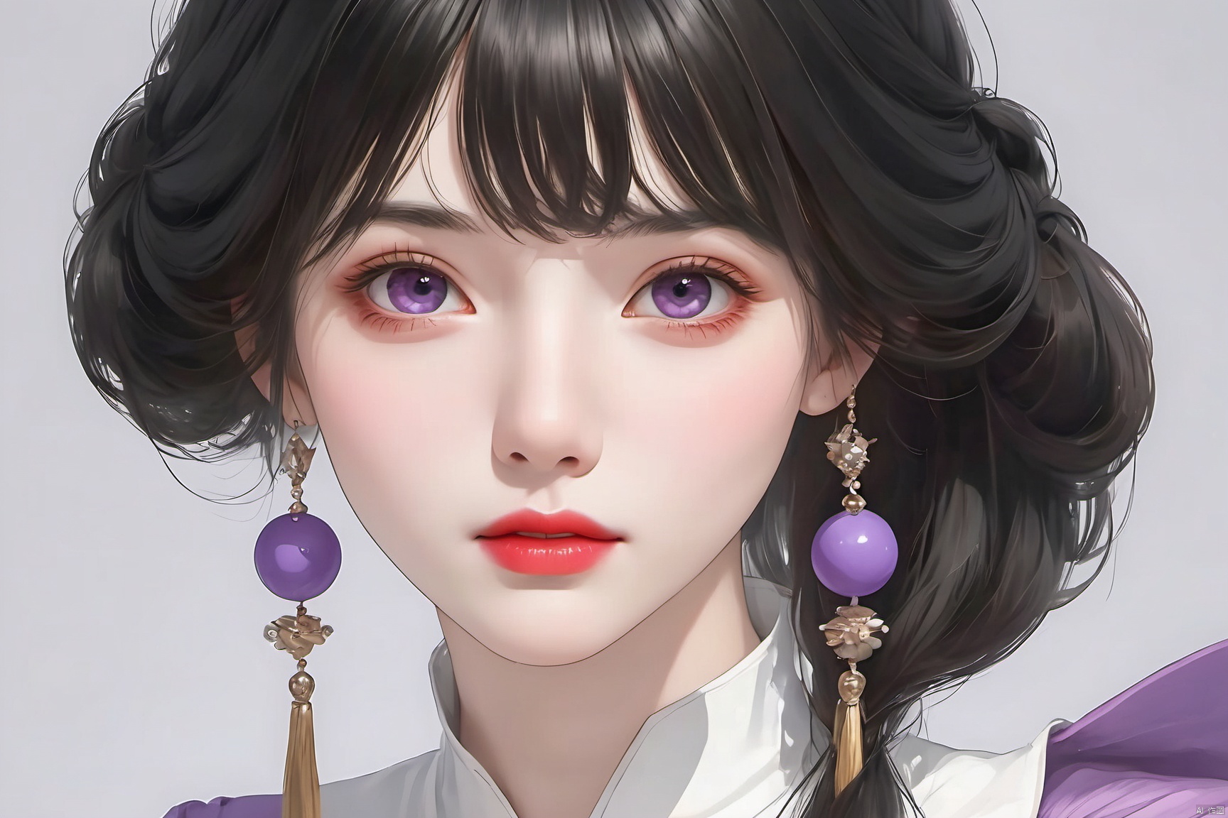  (highest resolution, distinct_image) The best quality, a woman, masterpiece, highly detailed, (semi-realistic), long black hair, long straight hair, black hair bangs, purple eyes, mature, cherry glossy lips, white background, close-up portrait, solid circle eyes, minimalistic