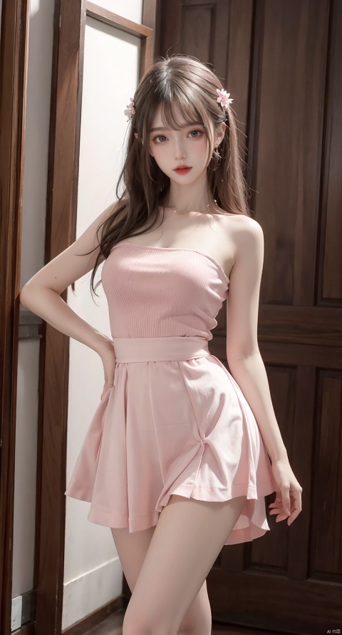  (masterpiece, best quality, best shadow,official art, correct body proportions, Ultra High Definition Picture,master composition),(best hands details:1.2),bust,  //////1 girl, pale pink hair, long hair to the waist, hair in front of the forehead, only upper body, beautiful eyes, standing posture, wearing dress, gorgeous dress, double diamonds, jewelry, flowers, bare shoulders, dress, skirt behind the skirt, bare thighs, high heels, gorgeous skirt, sexy, model pose, futuaner