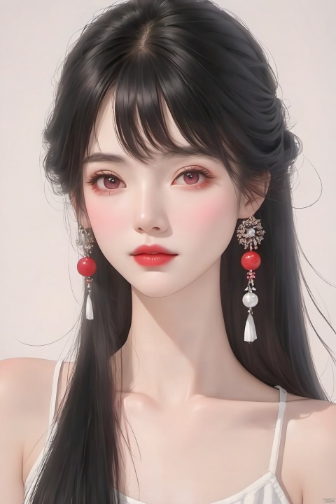  (highest resolution, distinct_image) The best quality, a woman, masterpiece, highly detailed, (semi-realistic), long black hair, long straight hair, black hair bangs, purple eyes, mature, cherry glossy lips, white background, close-up portrait, solid circle eyes, minimalistic