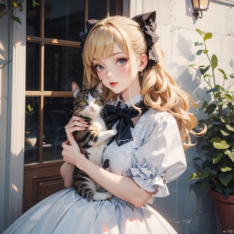  1 girl,wavy hair,blonde hair,face portrait,holding a cat,Lolita outfit,lace cake skirt,skirt with Little Pattern,bowknot,