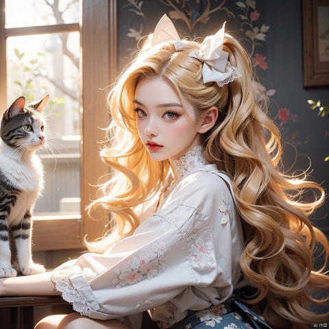  1 girl,wavy hair,blonde hair,face portrait,a cat,Lolita outfit,lace cake skirt,skirt with Little Pattern,bowknot,