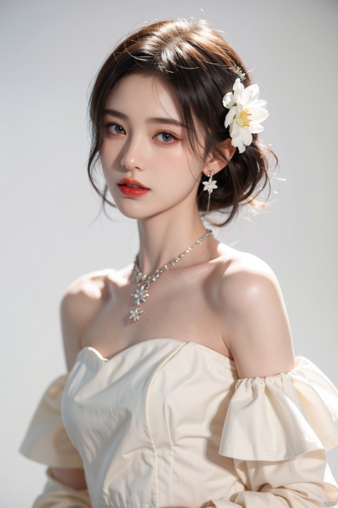  1girl, solo, looking at viewer, short hair, blue eyes, blonde hair, hair ornament, dress, bare shoulders, jewelry, closed mouth, upper body, flower, earrings, hair flower, necklace, off shoulder, white dress, lips, white flower, gem, red lips, jujingyi