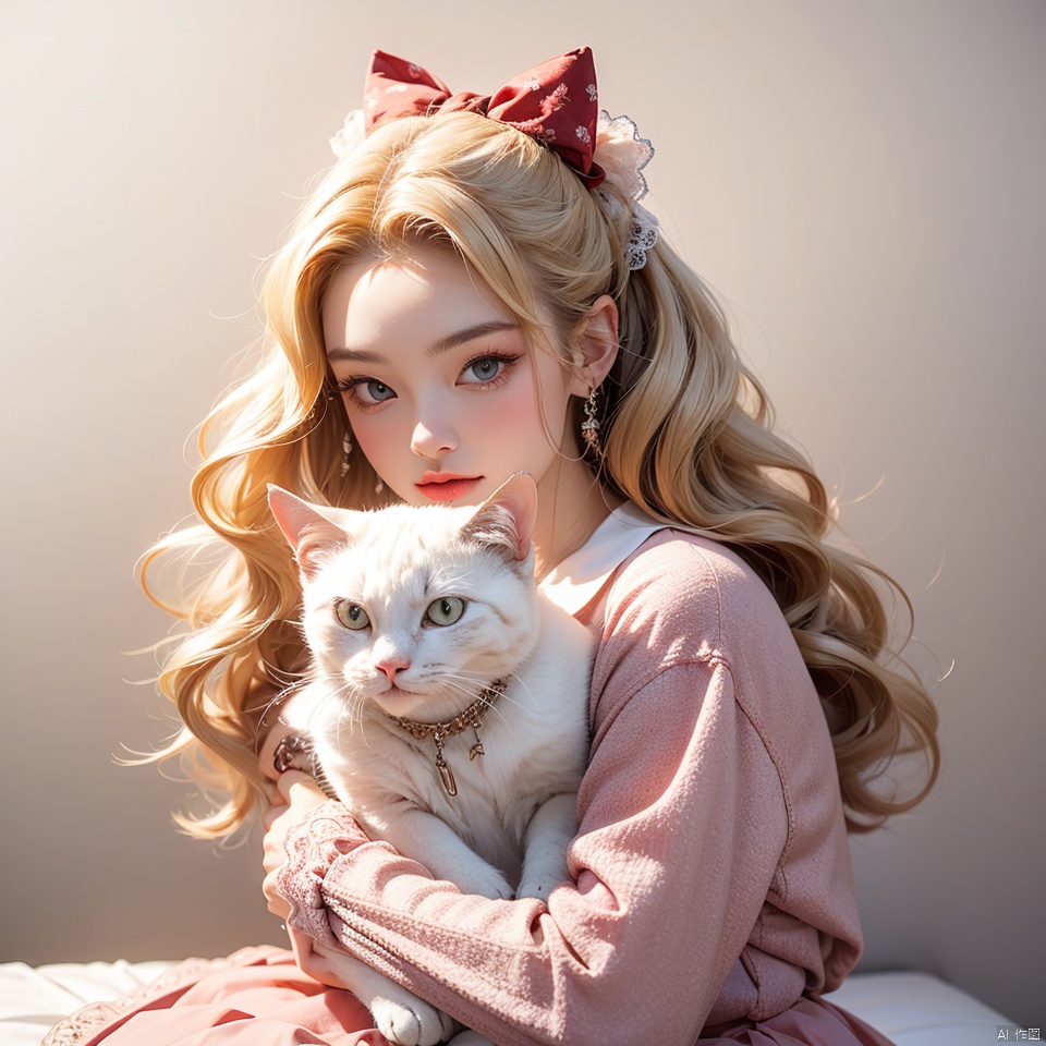  1 girl,wavy hair,blonde hair,face portrait,holding a cat,Lolita outfit,lace cake skirt,skirt with Little Pattern,bowknot,