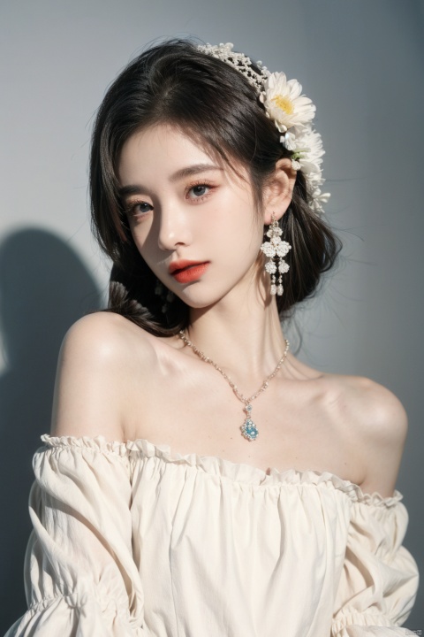  1girl, solo, looking at viewer, short hair, blue eyes, blonde hair, hair ornament, dress, bare shoulders, jewelry, closed mouth, upper body, flower, earrings, hair flower, necklace, off shoulder, white dress, lips, white flower, gem, red lips, jujingyi