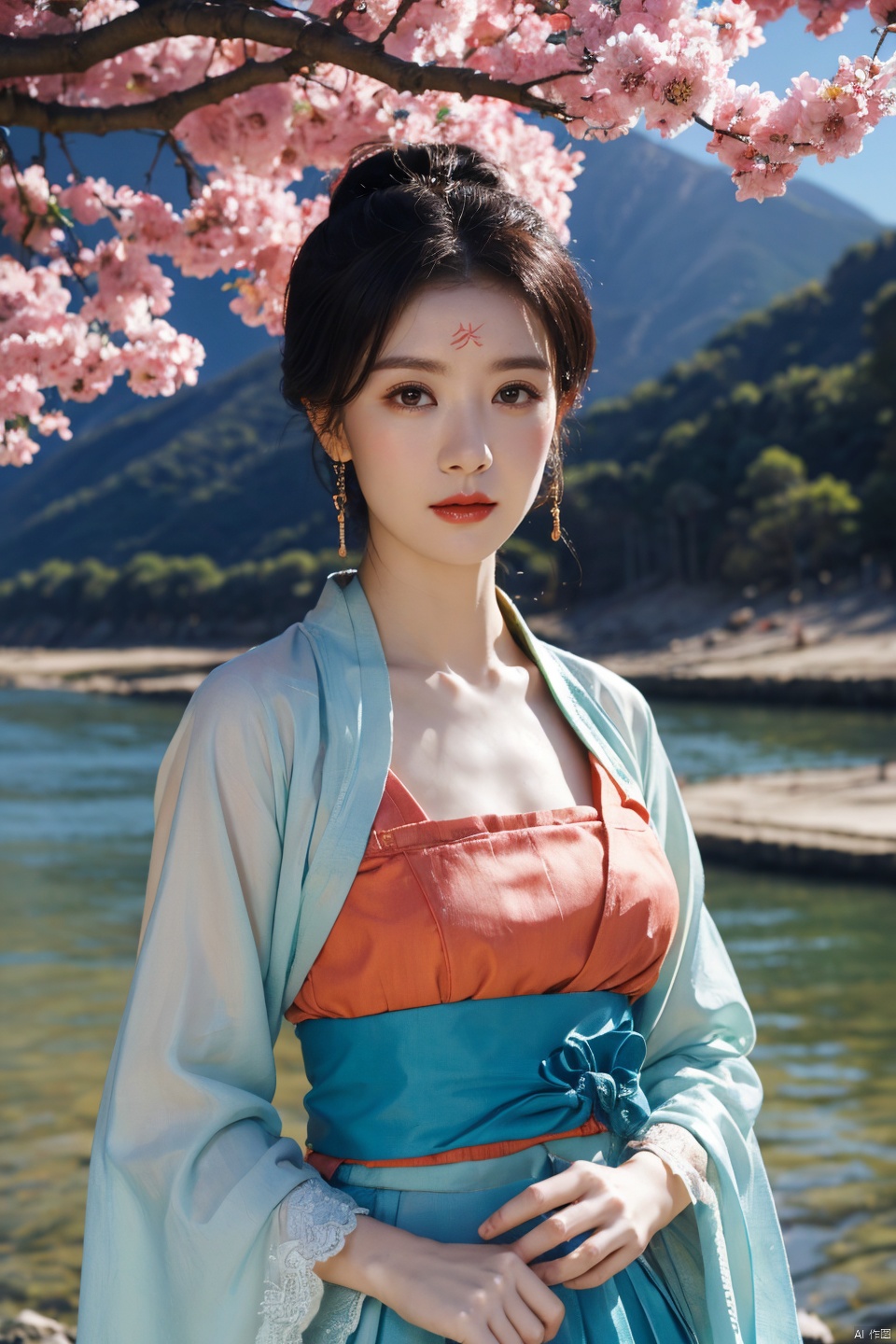  ((huadian)),((detailed red_forehead_mark:1.3)), 4k, photo, realistic, best quality,highres,ultra-detailed,ultra high res,((photorealistic, 8K)),upper body,solo_focus,Tang dynasty,(((looking_at_viewer:1.6))),(beauty milf:1.5), (black hair,low-tied_updo),hairpin,cool and seductive, aqua_eyes, (fair skin), tender skin,standing,(owe_blue Hanfu lace long skirt:1.2), {{hands_invisible,coverd_hands by long sleeves:1.3}},((Under the peach bare_tree,mountains and rivers in the distance)),(falling_petals:1.2),wind,pale_color,wooden_straw_boat,oil-paper_umbrella,autumn,((perfect_hand)),jjw,china dress,hanfu,beautiful volumetric-lighting-style atmosphere,