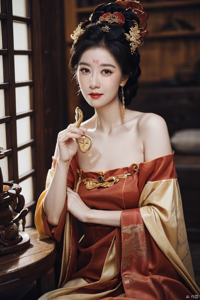 ((huadian)),((wide_shot:1.3)),High detail RAW color Picture of a stunning beautiful chinese girl after a drunken feast, the drunkenness adds her a touch of charm,gauze,gold dress with embroidery,east_dragon_embroidery,chinese_emperor_costume,strapless,bandeau,((gold_bed_sheet with red_trim:1.3)),((at dining table feeding chinese_food to viewer,Chinese meal,spoon_on_table,chopsticks_on_table,looking_at_viewer)),ligth_blush,((see-through:1.2)),(palace interior,chinese traditional wooden table,red_candles,candlestick),(lantern,censer,vase)background,traditional media,pavilion,chinese_architecture,((upper_body,bare_shoulders,open_mouth)),((solo_focus:1.3)),((Her low-tied_updo with jewelry_accessories,updo)),very_long_chain_earrings_with_green_drop,tiara,hair_ornament,((parted lips)),ancient,embroidery,((intricated details:1.2)),((32k,RAW photo,best quality, masterpiece:1.2)),(photorealistic,Realistic:1.37),cinematic dark lighting,film still,atmosphere,(ultra-detailed_face,detailed_eyes),long eyelashes,ultra-detailed skin and clothes,forehead,headwear,Her divine attire is resplendent with jewels,{{forehead_mark}}, ((detailed forehead_mark)),huadian, Light master,chinese dress,((Hanfu)),(low key,gloom),{{coverd_hand by long sleeves:1.3}},updo,chang,(cleavage:0.7),long sleeves,floral print, jjw,china dress,hanfu,print dress,robe,red and gold dress,man and a sexy woman cludding,beautiful volumetric-lighting-style atmosphere,