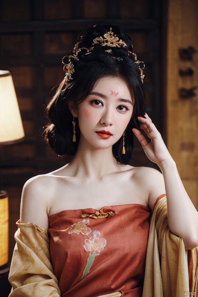 ((huadian)),((wide_shot:1.3)),High detail RAW color Picture of a stunning beautiful chinese girl dressing up in a golden house,put make-up on own face, and brushing hair with Wooden comb,gauze,gold dress with embroidery,east_dragon_embroidery,chinese_emperor_costume,strapless,bandeau,((gold_bed_sheet with red_trim:1.3)),ligth_blush,((holding a Wooden comb,hand on own head,see-through:1.2)),(palace interior,chinese traditional wooden table,red_candles,candlestick),(lantern,censer,vase)background,traditional media,pavilion,chinese_architecture,((upper_body,bare_shoulders,open_mouth)),((solo_focus:1.3)),((Her low-tied_updo with jewelry_accessories,updo)),very_long_chain_earrings_with_green_drop,tiara,hair_ornament,((parted lips)),ancient,embroidery,((intricated details:1.2)),((32k,RAW photo,best quality, masterpiece:1.2)),(photorealistic,Realistic:1.37),cinematic dark lighting,film still,atmosphere,(ultra-detailed_face,detailed_eyes),long eyelashes,ultra-detailed skin and clothes,forehead,headwear,Her divine attire is resplendent with jewels,{{forehead_mark}}, ((detailed forehead_mark)),huadian, Light master,chinese dress,((Hanfu)),(low key,gloom),{{coverd_hand by long sleeves:1.3}},updo,chang,(cleavage:0.7),long sleeves,floral print, jjw,china dress,hanfu,print dress,robe,red and gold dress,man and a sexy woman cludding,beautiful volumetric-lighting-style atmosphere,