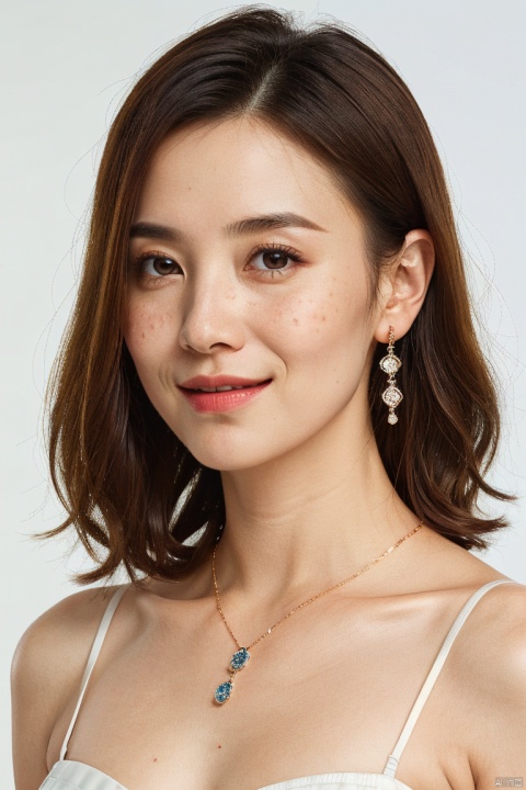  {High detail RAW color portrait of gorgeous woman},{{front view}},1girl,ultra_detailed_face,(((closed_mouth,looking at viewer:1.35))),detailed_eyes,songjia, solo, 1girl,milf, jewelry, earrings, realistic, necklace, simple background, looking at viewer, portrait, freckles, short hair, white background, smile, lips, eyelashes,{simple_background},((32k,RAW photo,best quality, masterpiece:1.2)),(photorealistic,Realistic),bokeh, ,hand up, laugh lines,upper body, songjia, Asian girl, Light master
