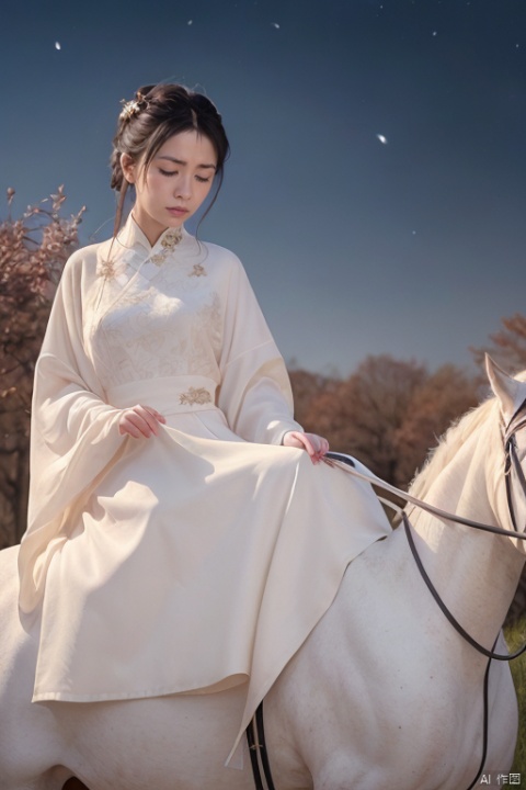  ((huadian)),wide_shot,High detail RAW color Picture of a stunning beautiful chinese girl holding a lute (instrument) on a white_horse,fur_red_and_white_cloak,(((bleak_autumn_grassland))),{white dress with floral_pattern},((sad,unhappy,riding on horse:1.25)),(((night,sky,bare_tree:1.3))),((full_body)),((solo_focus:1.3)),tiara,very_long_hair,ancient,((intricated details:1.2)),((32k,RAW photo,best quality, masterpiece:1.2)),(photorealistic,Realistic:1.37),cinematic dark lighting,film still,atmosphere,(ultra-detailed_face,detailed_eyes),long eyelashes,ultra-detailed skin and clothes,forehead, Light master,long chinese dress,Hanfu,(han style),stone,outdoors,autumn_leaf, (low key,gloom),{{veil,falling_leaves,coverd_hand,holding Traditional musical_instrument,qin_(instrument),huge chinese pipa:1.5}},updo,(((white dress:1.3))), han style, huadian