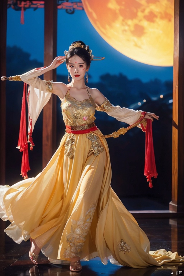 ((huadian)),((wide_shot:1.3)),High detail RAW color Picture of a stunning beautiful chinese girl dancing in rockery,gold dress with embroidery,((dancing,looking_at_viewer)),motion,ligth_blush,(((dancing_pose,night,sky,:1.1))),((huge moon background)),barefoot,holding a huge lute (instrument),fullmoon,pavilion,Ancient wine pot,((full_body,bare_shoulders,light_smile)),((solo_focus:1.3)),((Her low-tied_updo with jewelry_accessories)),very_long_chain_earrings_with_green_drop,tiara,hair_ornament,parted lips,very_long_hair,ancient,embroidery,((intricated details:1.2)),((32k,RAW photo,best quality, masterpiece:1.2)),(photorealistic,Realistic:1.37),cinematic dark lighting,film still,atmosphere,(ultra-detailed_face,detailed_eyes),long eyelashes,ultra-detailed skin and clothes,forehead,headwear,Her divine attire is resplendent with jewels,{{red_forehead_mark}}, ((detailed forehead_mark)),huadian, Light master,chinese dress,((Hanfu)),stone,outdoors,outside palace, (low key,gloom),{{coverd_hand by long sleeves:1.3}},updo,red and gold dress, chang,(cleavage:0.7),long sleeves,floral print, jjw,white dress,dress,china dress,hanfu,print dress,robe