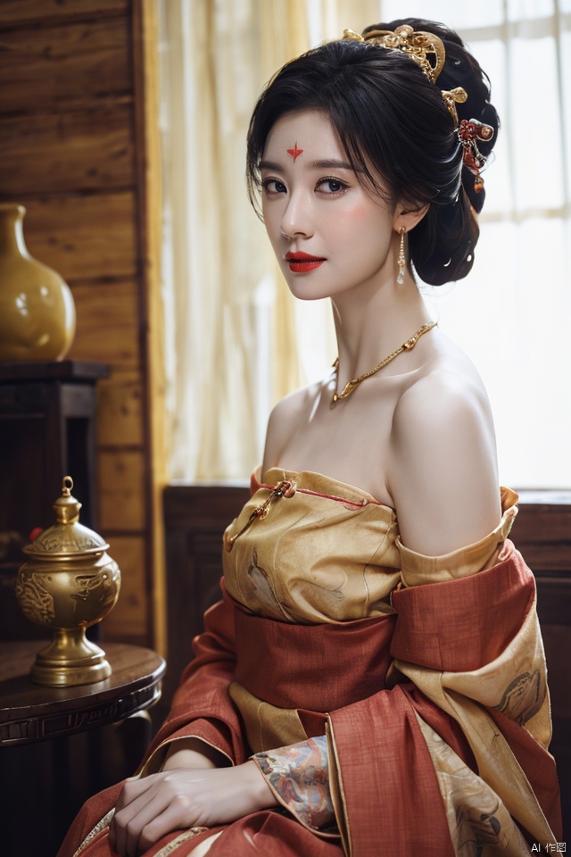 ((huadian)),((wide_shot:1.3)),High detail RAW color Picture of a stunning beautiful chinese girl dressing up in a golden house,gauze,gold dress with embroidery,east_dragon_embroidery,chinese_emperor_costume,strapless,bandeau,((gold_bed_sheet with red_trim:1.3)),ligth_blush,((see-through:1.2)),(palace interior,chinese traditional wooden table,red_candles,candlestick),(lantern,censer,vase)background,traditional media,pavilion,chinese_architecture,((upper_body,bare_shoulders,open_mouth)),((solo_focus:1.3)),((Her low-tied_updo with jewelry_accessories,updo)),very_long_chain_earrings_with_green_drop,tiara,hair_ornament,((parted lips)),ancient,embroidery,((intricated details:1.2)),((32k,RAW photo,best quality, masterpiece:1.2)),(photorealistic,Realistic:1.37),cinematic dark lighting,film still,atmosphere,(ultra-detailed_face,detailed_eyes),long eyelashes,ultra-detailed skin and clothes,forehead,headwear,Her divine attire is resplendent with jewels,{{forehead_mark}}, ((detailed forehead_mark)),huadian, Light master,chinese dress,((Hanfu)),(low key,gloom),{{coverd_hand by long sleeves:1.3}},updo,chang,(cleavage:0.7),long sleeves,floral print, jjw,china dress,hanfu,print dress,robe,red and gold dress,man and a sexy woman cludding,beautiful volumetric-lighting-style atmosphere,