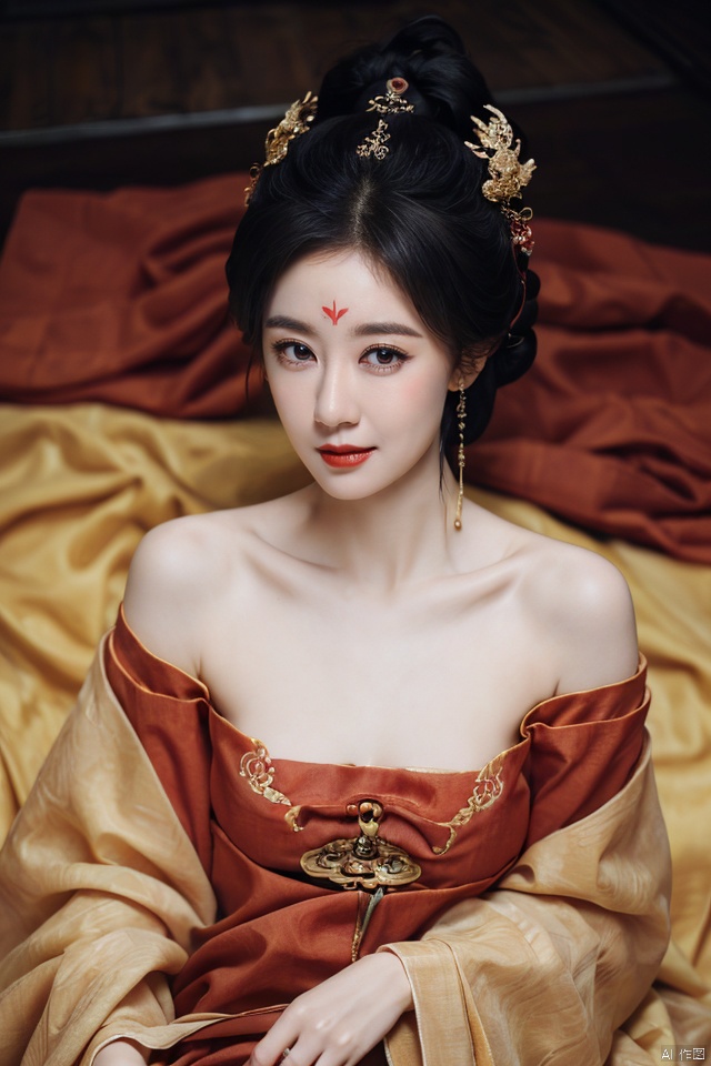 ((huadian)),((wide_shot:1.3)),High detail RAW color Picture of a stunning beautiful chinese girl laying back in a hibiscus tent,gauze_tent,gold dress with embroidery,east_dragon_embroidery,chinese_emperor_costume,bandeau,((gold_bed_sheet with red_trim:1.3)),((from above,looking_at_viewer)),ligth_blush,((see-through:1.2)),(palace interior,chinese traditional wooden bed,red_candles,candlestick,lantern,censer,vase),traditional media,pavilion,chinese_architecture,((upper_body,bare_shoulders,open_mouth)),((solo_focus:1.3)),((Her low-tied_updo with jewelry_accessories,updo)),very_long_chain_earrings_with_green_drop,tiara,hair_ornament,((parted lips)),ancient,embroidery,((intricated details:1.2)),((32k,RAW photo,best quality, masterpiece:1.2)),(photorealistic,Realistic:1.37),cinematic dark lighting,film still,atmosphere,(ultra-detailed_face,detailed_eyes),long eyelashes,ultra-detailed skin and clothes,forehead,headwear,Her divine attire is resplendent with jewels,{{forehead_mark}}, ((detailed forehead_mark)),huadian, Light master,chinese dress,((Hanfu)),(low key,gloom),{{coverd_hand by long sleeves:1.3}},updo,chang,(cleavage:0.7),long sleeves,floral print, jjw,china dress,hanfu,print dress,robe,red and gold dress,man and a sexy woman cludding,beautiful volumetric-lighting-style atmosphere,