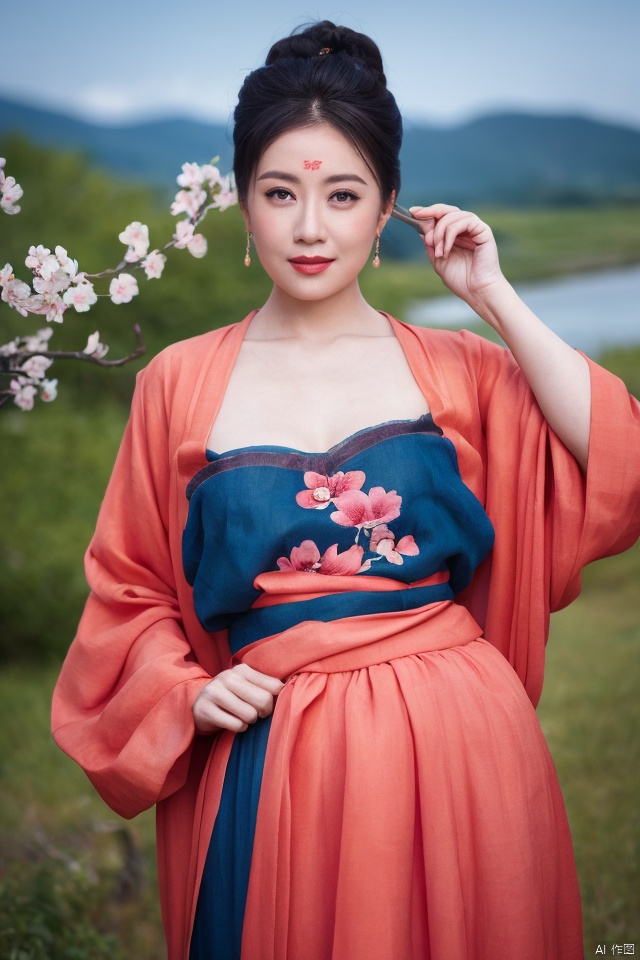 ((huadian)),((detailed red_forehead_mark:1.3)), 4k, photo, realistic, best quality,highres,ultra-detailed,ultra high res,((photorealistic, 8K)),upper body,solo_focus,Tang dynasty,(((looking_at_viewer:1.6))),(beauty milf:1.5), (black hair,updo),cool and seductive, aqua_eyes, (fair skin), tender skin,standing,(owe_blue Hanfu lace long skirt:1.2), ((Under the peach blossom tree,mountains and rivers in the distance)),jjw,china dress,hanfu,beautiful volumetric-lighting-style atmosphere,