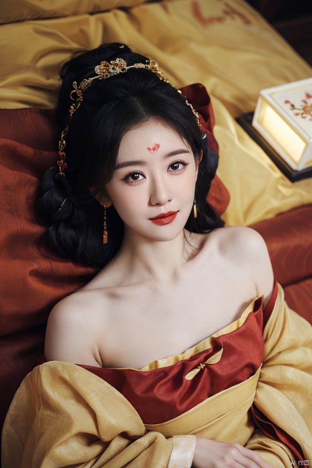 ((huadian)),((wide_shot:1.3)),High detail RAW color Picture of a stunning beautiful chinese girl laying back in a hibiscus tent,gauze_tent,gold dress with embroidery,east_dragon_embroidery,chinese_emperor_costume,bandeau,((gold_bed_sheet with red_trim:1.3)),((from above,looking_at_viewer)),ligth_blush,((see-through:1.2)),(palace interior,chinese traditional wooden bed,red_candles,candlestick,lantern,censer,vase),traditional media,pavilion,chinese_architecture,((upper_body,bare_shoulders,open_mouth)),((solo_focus:1.3)),((Her low-tied_updo with jewelry_accessories,updo)),very_long_chain_earrings_with_green_drop,tiara,hair_ornament,((parted lips)),ancient,embroidery,((intricated details:1.2)),((32k,RAW photo,best quality, masterpiece:1.2)),(photorealistic,Realistic:1.37),cinematic dark lighting,film still,atmosphere,(ultra-detailed_face,detailed_eyes),long eyelashes,ultra-detailed skin and clothes,forehead,headwear,Her divine attire is resplendent with jewels,{{forehead_mark}}, ((detailed forehead_mark)),huadian, Light master,chinese dress,((Hanfu)),(low key,gloom),{{coverd_hand by long sleeves:1.3}},updo,chang,(cleavage:0.7),long sleeves,floral print, jjw,china dress,hanfu,print dress,robe,red and gold dress,man and a sexy woman cludding,beautiful volumetric-lighting-style atmosphere,