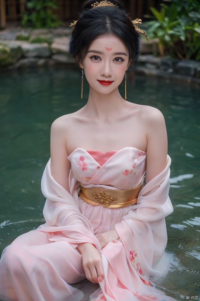  ((huadian)),((wide_shot,onsen,in water:1.3)),High detail RAW color Picture of a stunning beautiful chinese girl bathing in a hot_spring, the warm spring water washes her creamy skin,gold dress with embroidery,((from above,looking_at_viewer)),ligth_blush,reflection,scenery,bucket,rock,rockery,fence,plant,traditional media,pavilion,chinese_architecture,((full_body,bare_shoulders,light_smile)),((solo_focus:1.3)),((Her low-tied_updo with jewelry_accessories)),very_long_chain_earrings_with_green_drop,tiara,hair_ornament,parted lips,very_long_hair,ancient,embroidery,((intricated details:1.2)),((32k,RAW photo,best quality, masterpiece:1.2)),(photorealistic,Realistic:1.37),cinematic dark lighting,film still,atmosphere,(ultra-detailed_face,detailed_eyes),long eyelashes,ultra-detailed skin and clothes,forehead,headwear,Her divine attire is resplendent with jewels,{{forehead_mark}}, ((detailed forehead_mark)),huadian, Light master,chinese dress,((Hanfu)),stone,outdoors,outside palace, (low key,gloom),{{coverd_hand by long sleeves:1.3}},updo,chang,(cleavage:0.7),long sleeves,floral print, jjw,china dress,hanfu,print dress,robe, onsen