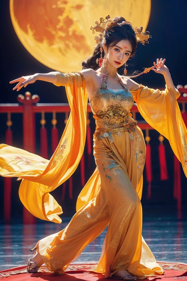 ((huadian)),((wide_shot:1.3)),High detail RAW color Picture of a stunning beautiful chinese girl dancing in rockery,gold dress with embroidery,((dancing,looking_at_viewer)),motion,ligth_blush,(((dancing_pose,night,sky,:1.1))),((huge moon background)),pavilion,Ancient wine pot,((full_body,bare_shoulders,light_smile)),((solo_focus:1.3)),((Her low-tied_updo with jewelry_accessories)),very_long_chain_earrings_with_green_drop,tiara,hair_ornament,parted lips,very_long_hair,ancient,embroidery,((intricated details:1.2)),((32k,RAW photo,best quality, masterpiece:1.2)),(photorealistic,Realistic:1.37),cinematic dark lighting,film still,atmosphere,(ultra-detailed_face,detailed_eyes),long eyelashes,ultra-detailed skin and clothes,forehead,headwear,Her divine attire is resplendent with jewels,{{red_forehead_mark}}, ((detailed forehead_mark)),huadian, Light master,chinese dress,((Hanfu)),stone,outdoors,outside palace, (low key,gloom),{{coverd_hand by long sleeves:1.3}},updo,red and gold dress, chang,(cleavage:0.7),long sleeves,floral print, jjw,white dress,dress,china dress,hanfu,print dress,robe