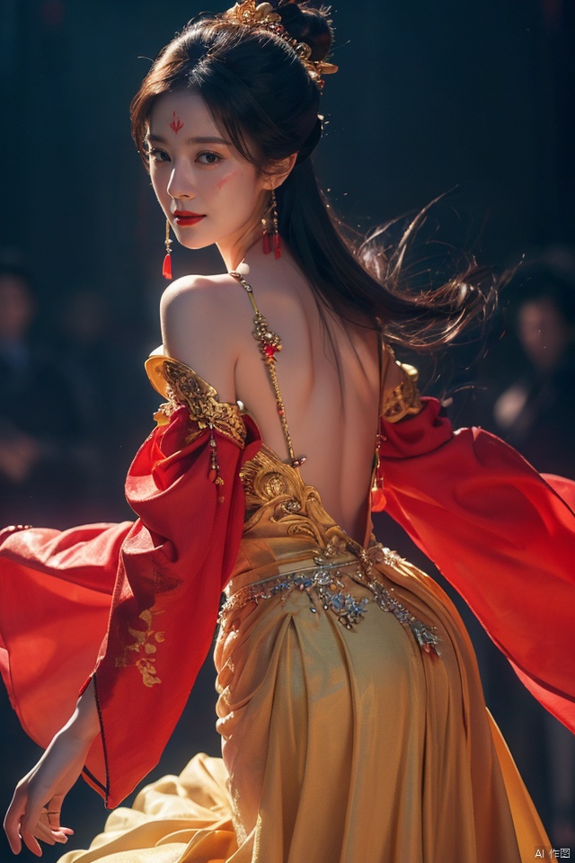 ((huadian)),((wide_shot:1.3)),High detail RAW color Picture of a stunning beautiful chinese girl dancing in rockery,gold dress with embroidery,Back silhouette of Ancient emperors watching in the foreground,Ancient String Orchestra Performance in her back,(the dress sways with the wind:1.1),((dancing,looking_at_viewer)),motion,ligth_blush,(((dancing_pose,night,sky,:1.1))),huge moon background,one hand raised,red silk belt flying over arms,barefoot,lute (instrument),guqin,Vertical drum,fullmoon,pavilion,Ancient wine pot,((full_body,bare_shoulders,light_smile)),((solo_focus:1.3)),((Her low-tied_updo with jewelry_accessories)),very_long_chain_earrings_with_green_drop,tiara,hair_ornament,parted lips,very_long_hair,ancient,embroidery,((intricated details:1.2)),((32k,RAW photo,best quality, masterpiece:1.2)),(photorealistic,Realistic:1.37),cinematic dark lighting,film still,atmosphere,(ultra-detailed_face,detailed_eyes),long eyelashes,ultra-detailed skin and clothes,forehead,headwear,Her divine attire is resplendent with jewels,{{red_forehead_mark}}, ((detailed forehead_mark)),huadian, Light master,chinese dress,((Hanfu)),stone,outdoors,outside palace, (low key,gloom),{{coverd_hand by long sleeves:1.3}},updo,red and gold dress, chang,(cleavage:0.7),long sleeves,floral print, jjw,white dress,dress,china dress,hanfu,print dress,robe