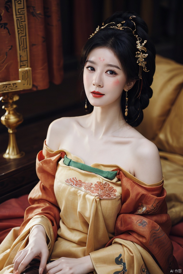 ((huadian)),((wide_shot:1.3)),High detail RAW color Picture of a stunning beautiful chinese girl laying back in a hibiscus tent,gauze_tent,gold dress with embroidery,east_dragon_embroidery,chinese_emperor_costume,((gold_bed_sheet with red_trim:1.3)),((from above,looking_at_viewer)),ligth_blush,((see-through:1.2)),(palace interior,chinese traditional wooden bed,red_candles,candlestick,lantern,censer,vase),traditional media,pavilion,chinese_architecture,((upper_body,bare_shoulders,open_mouth)),((solo_focus:1.3)),((Her low-tied_updo with jewelry_accessories)),very_long_chain_earrings_with_green_drop,tiara,hair_ornament,((parted lips)),ancient,embroidery,((intricated details:1.2)),((32k,RAW photo,best quality, masterpiece:1.2)),(photorealistic,Realistic:1.37),cinematic dark lighting,film still,atmosphere,(ultra-detailed_face,detailed_eyes),long eyelashes,ultra-detailed skin and clothes,forehead,headwear,Her divine attire is resplendent with jewels,{{forehead_mark}}, ((detailed forehead_mark)),huadian, Light master,chinese dress,((Hanfu)),(low key,gloom),{{coverd_hand by long sleeves:1.3}},updo,chang,(cleavage:0.7),long sleeves,floral print, jjw,china dress,hanfu,print dress,robe,red and gold dress,man and a sexy woman cludding,beautiful volumetric-lighting-style atmosphere,