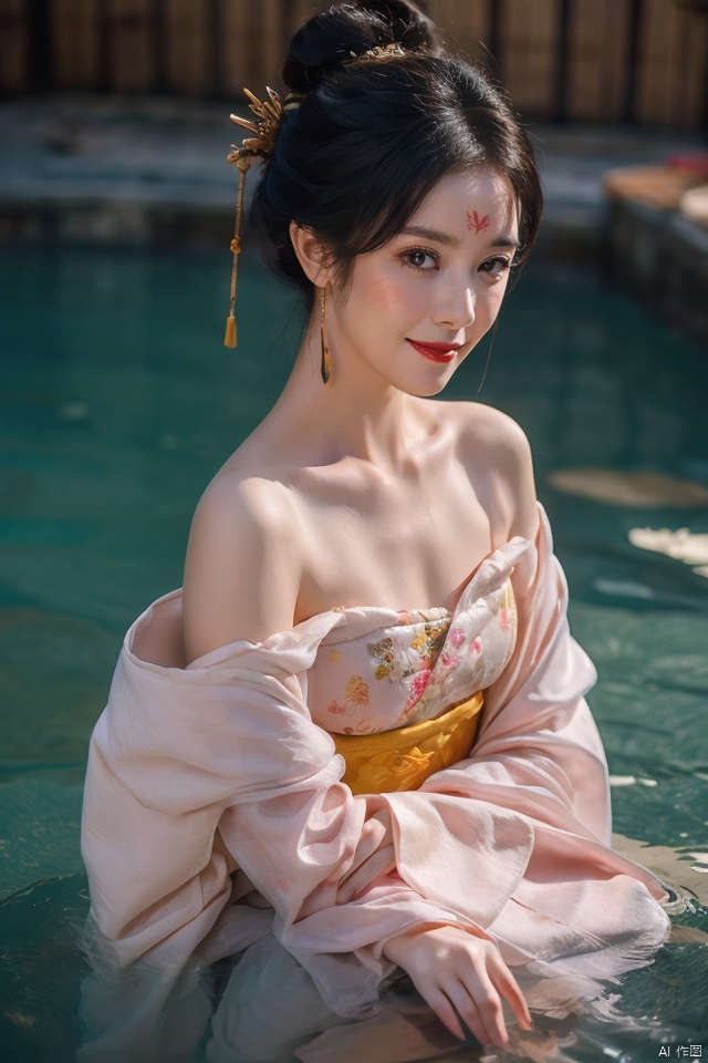  ((huadian)),((wide_shot,onsen,in onsen:1.3)),High detail RAW color Picture of a stunning beautiful chinese girl bathing in a hot_spring, the warm spring water washes her creamy skin,gold dress with embroidery,((from above,looking_at_viewer)),ligth_blush,reflection,(scenery,bucket,rock,rockery,fence,plant),traditional media,pavilion,chinese_architecture,((upper_body,bare_shoulders,light_smile)),((solo_focus:1.3)),((Her low-tied_updo with jewelry_accessories)),very_long_chain_earrings_with_green_drop,tiara,hair_ornament,parted lips,very_long_hair,ancient,embroidery,((intricated details:1.2)),((32k,RAW photo,best quality, masterpiece:1.2)),(photorealistic,Realistic:1.37),cinematic dark lighting,film still,atmosphere,(ultra-detailed_face,detailed_eyes),long eyelashes,ultra-detailed skin and clothes,forehead,headwear,Her divine attire is resplendent with jewels,{{forehead_mark}}, ((detailed forehead_mark)),huadian, Light master,chinese dress,((Hanfu)),stone,outdoors,outside palace, (low key,gloom),{{coverd_hand by long sleeves:1.3}},updo,chang,(cleavage:0.7),long sleeves,floral print, jjw,china dress,hanfu,print dress,robe, onsen
