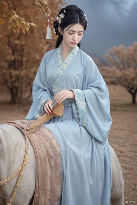  ((huadian)),wide_shot,High detail RAW color Picture of a stunning beautiful chinese girl holding a lute (instrument) on a white_horse,fur_red_and_white_cloak,(((bleak_autumn_grassland))),{white dress with floral_pattern},((sad,unhappy,riding on horse:1.25)),(((night,sky,bare_tree:1.3))),((full_body)),((solo_focus:1.3)),tiara,very_long_hair,ancient,((intricated details:1.2)),((32k,RAW photo,best quality, masterpiece:1.2)),(photorealistic,Realistic:1.37),cinematic dark lighting,film still,atmosphere,(ultra-detailed_face,detailed_eyes),long eyelashes,ultra-detailed skin and clothes,forehead, Light master,long chinese dress,chinese guitar,Hanfu,(han style),stone,outdoors,autumn_leaf, (low key,gloom),{{veil,falling_leaves,coverd_hand,holding Traditional musical_instrument,qin_(instrument),guqin:1.5}},updo,(((white dress:1.3))), han style, hanfu