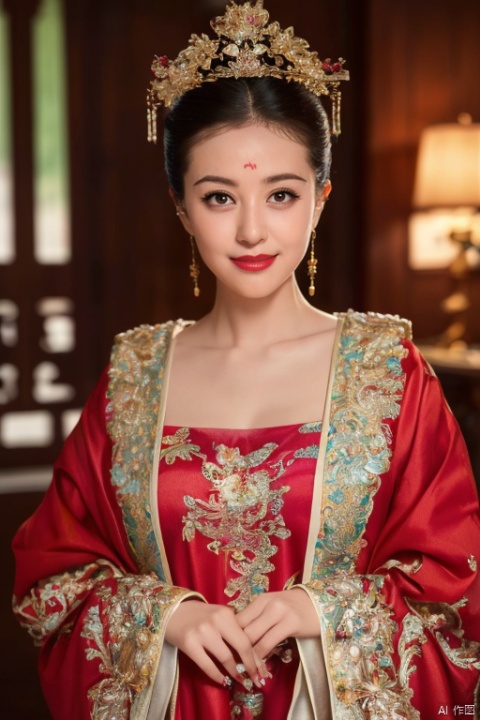  ((huadian)),close-up,High detail RAW color front view Picture of a stunning beautiful chinese girl,((light_smile)),((solo_focus,centered,looking at viewer:1.3)),(face_focus:1.2),((Her low-tied_updo with jewelry_accessories)),very_long_chain_earrings_with_green_drop,tiara,tassel,((intricated hair_ornament:1.2)),pale_skin,kanzashi,lipstick,chinese clothes,hair stick,parted lips,black_hair,ancient,gold embroidery,((intricated details:1.2)),((32k,RAW photo,best quality, masterpiece:1.2)),(photorealistic,Realistic:1.37),cinematic lighting,film still,atmosphere,ultra-detailed_face,detailed_eyes,long eyelashes,ultra-detailed skin and clothes,forehead,headwear,Her divine attire is resplendent with jewels,{{red_forehead_mark:1.2}}, ((detailed forehead_mark)),((petal_print)),huadian, red and gold dress,palace interior,chinese traditional wooden bed,candles,lantern,vase, Light master
